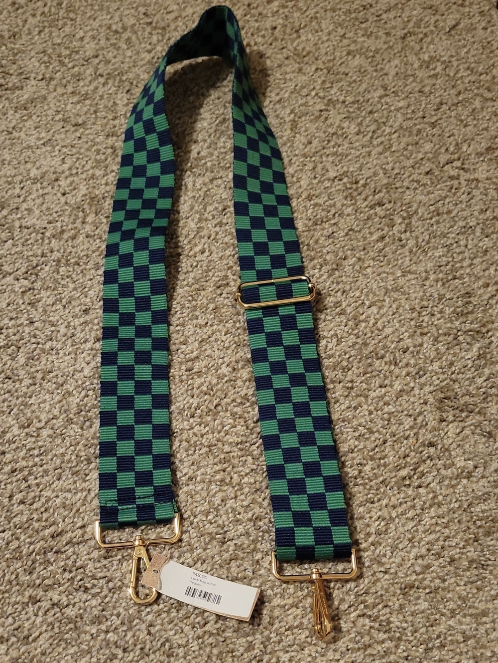 Ah Dorned Adjustable Blue & Green Checkered Bag Strap with Gold Hardware NWT
